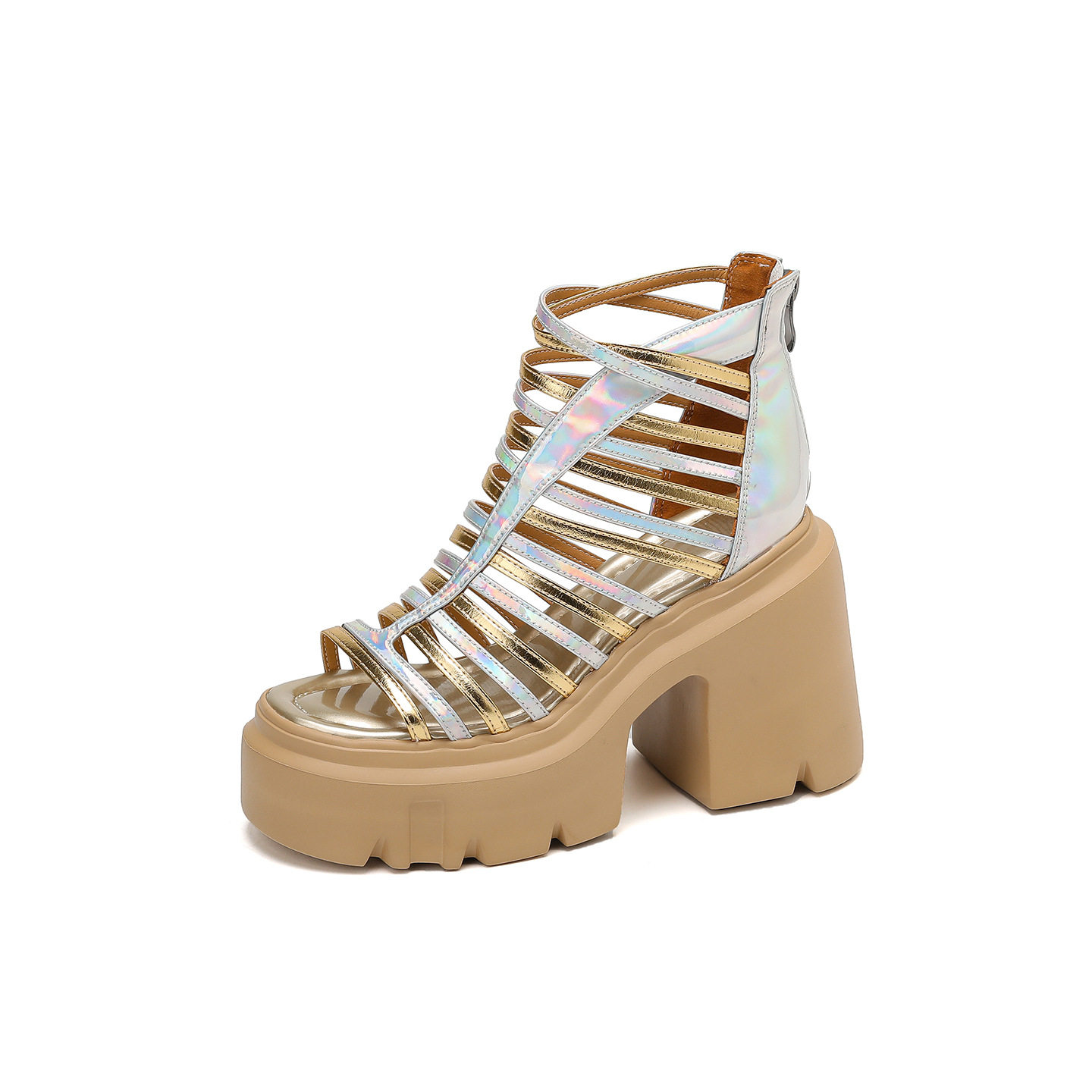 Sandal cao gót nữ mũi hở đế dày 12 cm phong cách La Mã khóa kéo sau — [Đen], [Vàng]