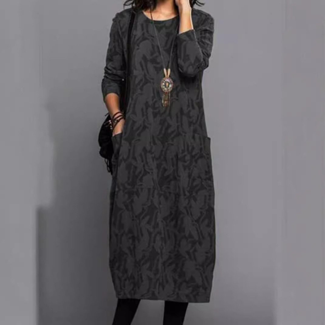 Casual Long Sleeve Pocket Dress for Women Cotton Linen Round Neck Available in Black Green Blue Red Wholesale Sizes S to XXXL