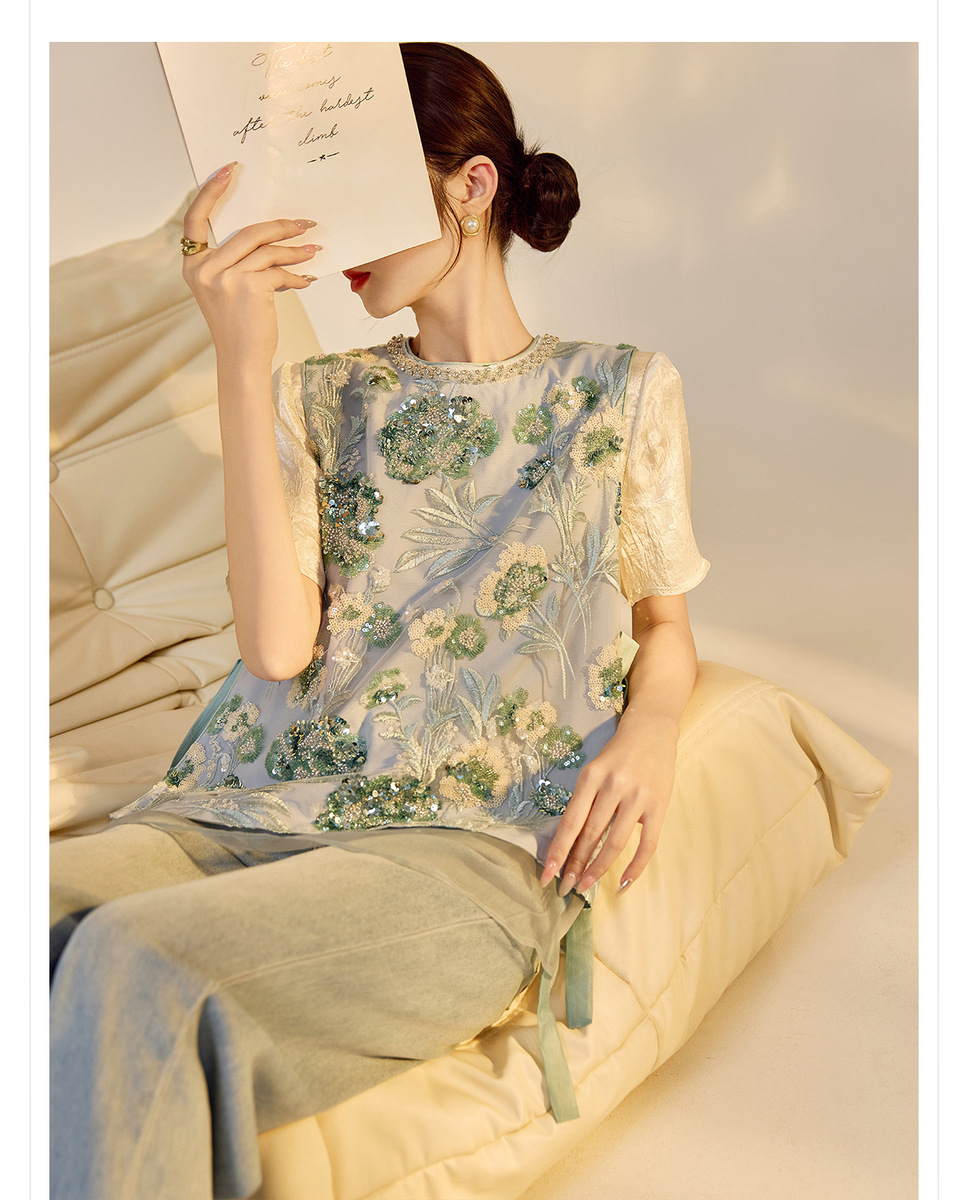 Áo vest nữ thêu cườm đính đá cổ tròn phối hoa văn — Jiyue Blue (giao hàng trong 7 ngày), Jiyue Blue (phát hành cùng ngày)