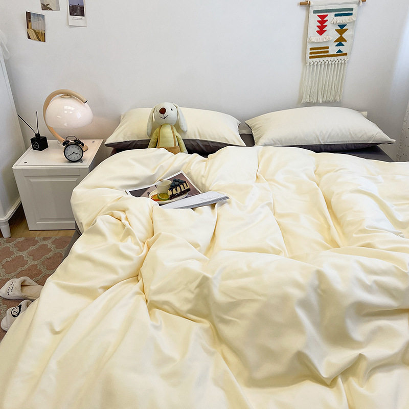 Solid color washed cotton double four-piece set three-piece set skin-friendly soft bed sheet bed hat color matching printing factory wholesale