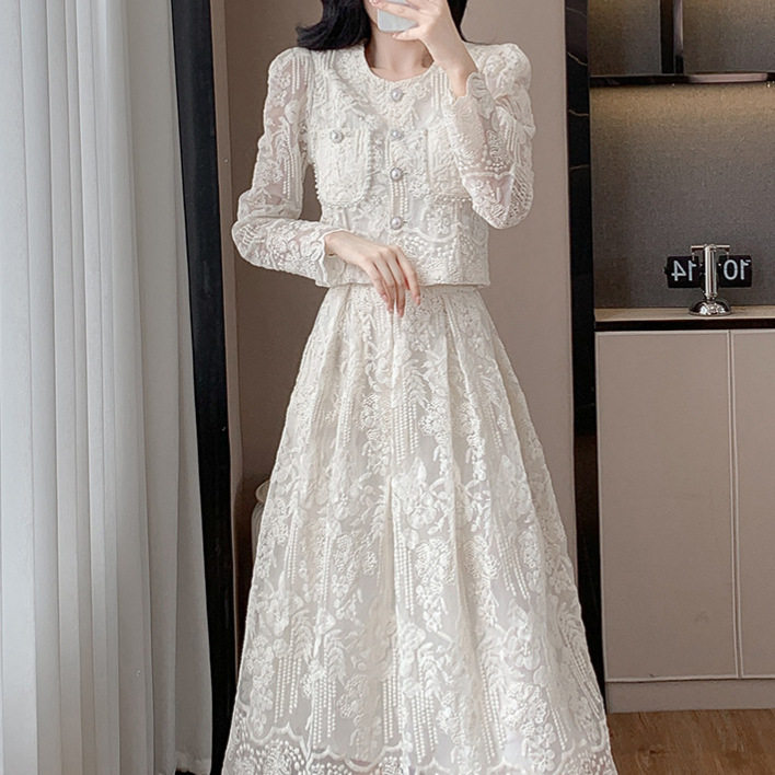 Chic French Style Embroidered Sheer Blouse with Round Neck High Waist Slimming Midi Skirt Set Elegant Casual Wear