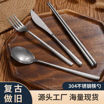 Retro 304 Stainless Steel Chopsticks Old Barbecue Square Non-Slip Chopsticks and Spoons Commercial Restaurant Spoons Cutlery Tableware
