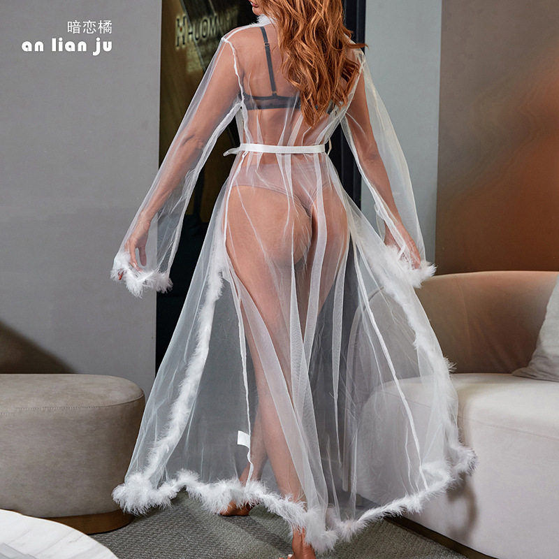 会员可见跨境外贸性感网纱长款睡袍毛毛边 性感透视睡衣女批发271
