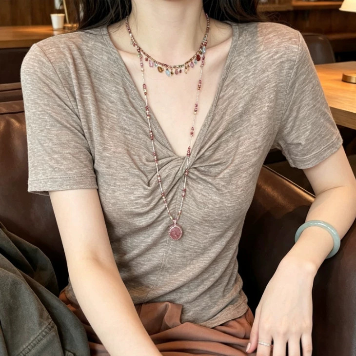 Áo thun nữ cổ chữ V thắt nút trước ngực, tay ngắn dáng suông — Màu trắng, Màu xám nhạt, Màu yến mạch, Xám hoa