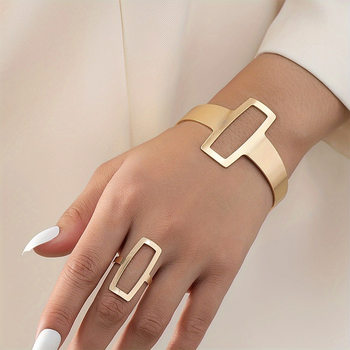European and American Cross-border Metal Design Geometric Women's Opening Bracelet Ring suit Exaggerated Punk Retro Elegant Jewelry