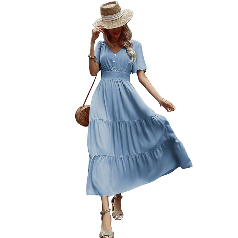 Elegant Summer V Neck Ruffled Hem Dress Slim Fit Solid Color Versatile Style Perfect for Casual or Formal Occasions