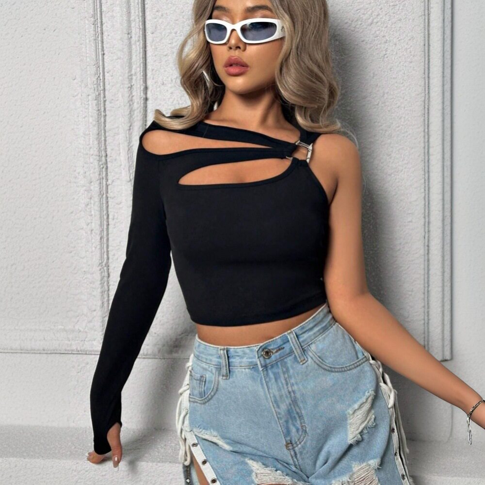 Womens Street Style T Shirt Unique Irregular Design Cropped Length Trendy Look Casual Wear for Everyday Use