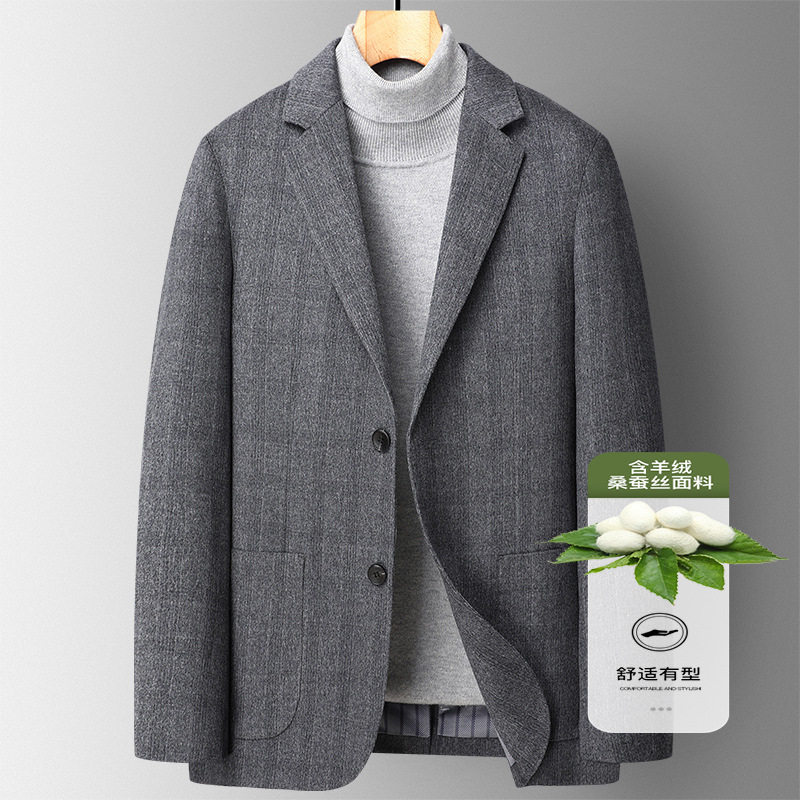 Áo Vest Nam Cashmere Lụa Tằm, Áo Khoác Blazer Kẻ Sọc Thu Đông Phong Cách Casual Màu Xám