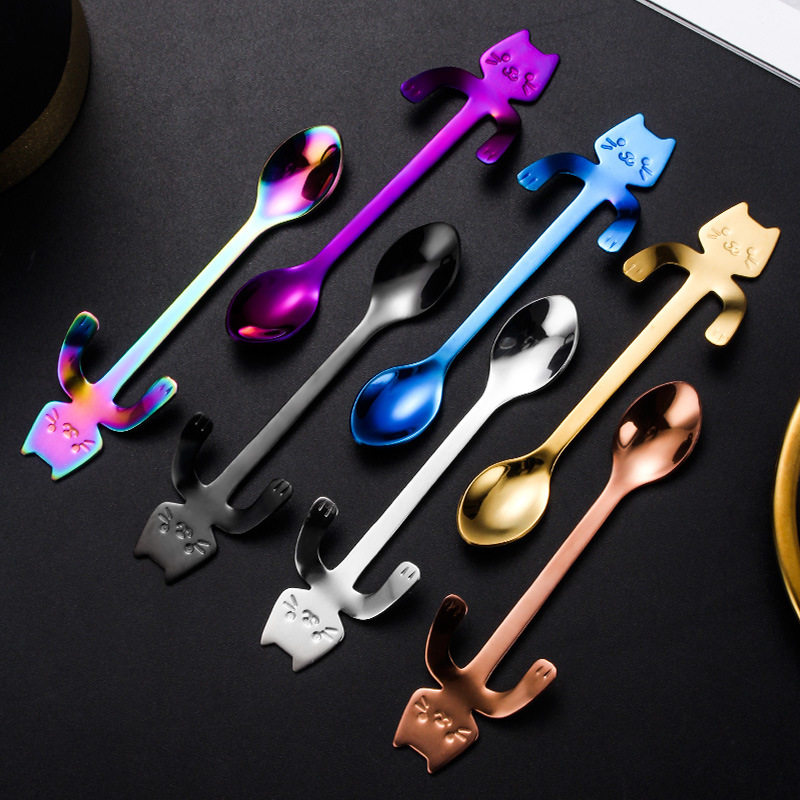 Cross-border 304 stainless steel high-value spoon coffee spoon ins cute hanging Cup cat spoon dessert ice cream ice cream spoon