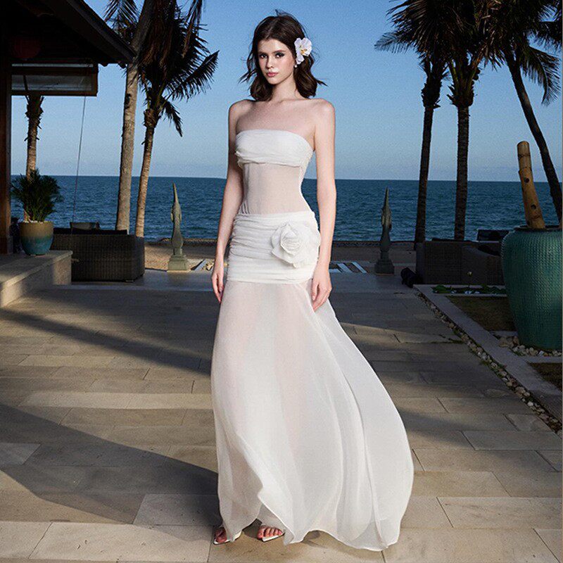 Chic White Mesh Strapless Maxi Dress Elegant Fit Soft Fabric Beach Vacation Style Available for Wholesale