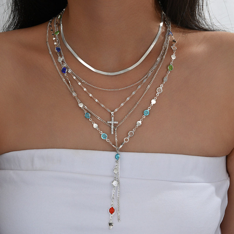 镶嵌彩钻爱心吊坠流苏项链四件套装百搭小众轻奢气质项饰叠戴锁骨