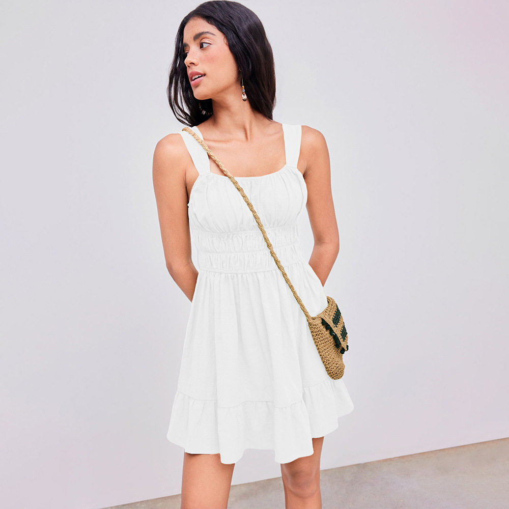 Square Neck Ruched Waist A Line Dress Slim Fit Unique Design Short Length Perfect for Parties and Casual Outings