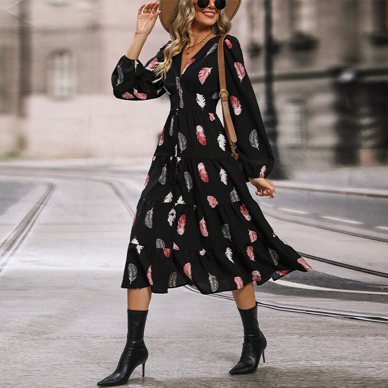 Romantic Elegant Colorful Feather Print Dress Three Quarter Sleeve Spring Fall Style Wholesale Available