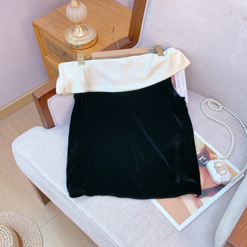 Áo trễ vai phối màu không tay dáng ôm nữ thanh lịch — màu đen