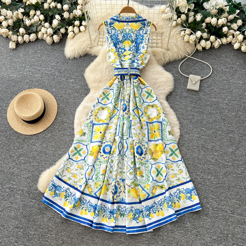 Sleeveless Floral Print Dress Korean Style Tie Waist A Line Silhouette Elegant Summer Vacation Wear Wholesale