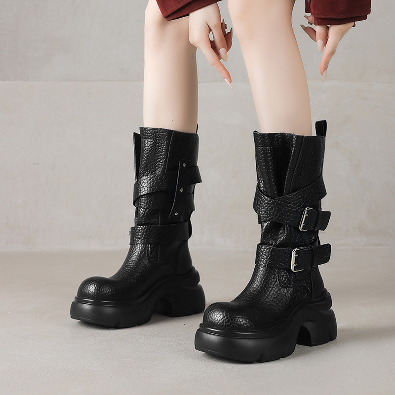 Boot nữ da bò cổ cao gót thô đế dày khóa thắt lưng — Lớp lót lông cừu giữa bắp chân màu đen, Tất đen đến bắp chân, lót một lớp., Lớp lót đơn ống dài màu đen, Lớp lót nhung dài màu đen