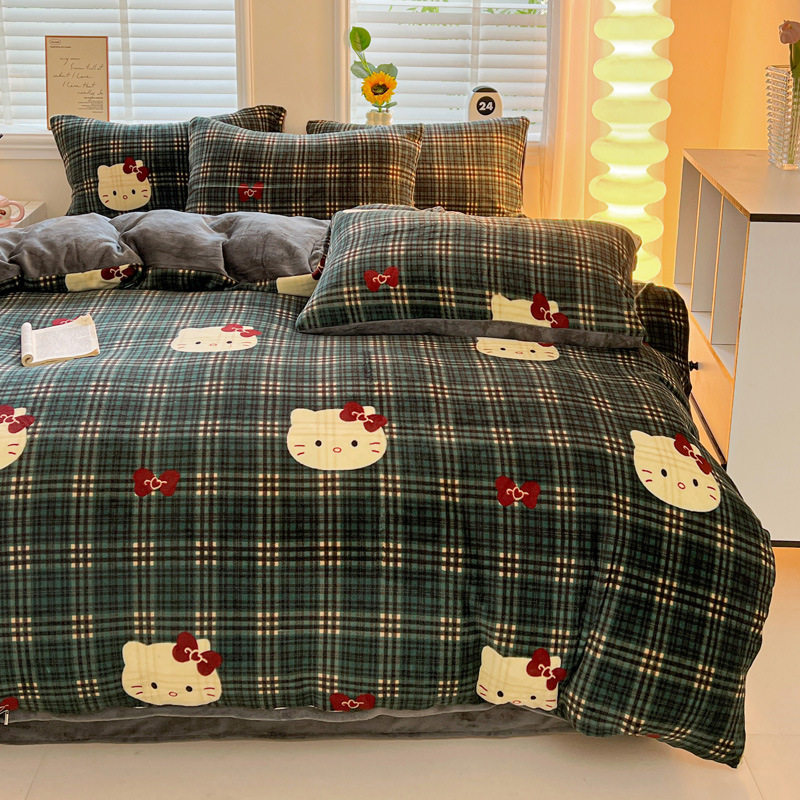 Nude Sleeping Milk Velvet Four-Piece Winter Thickeneded Baby Velvet Bed Bed Sheets Quilt Cover Three-Piece Set Type a Fitted Bed Sheets Bedding