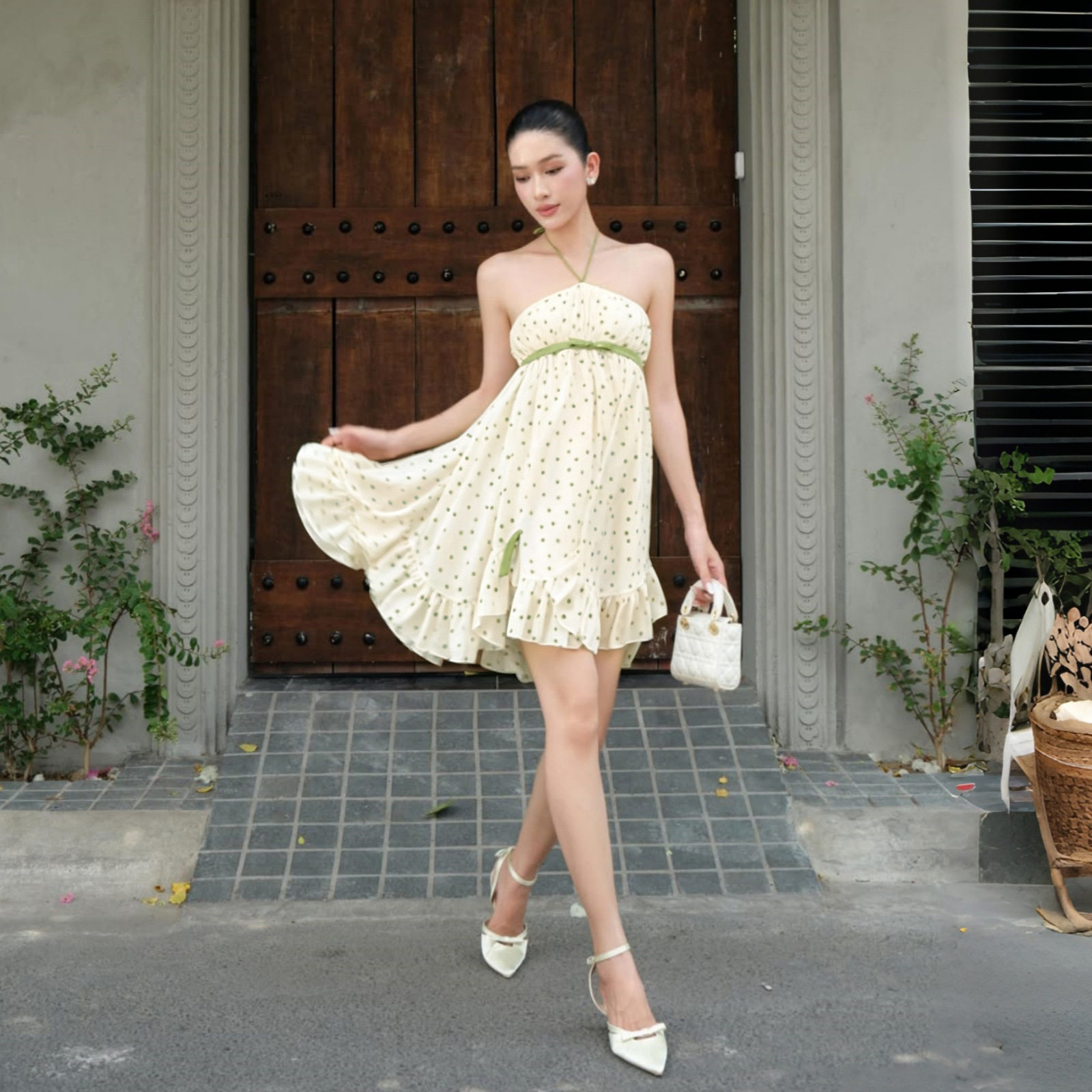 French Style Off Shoulder Polka Dot Chiffon Dress Loose Fit Vacation Ready Summer Wholesale Available