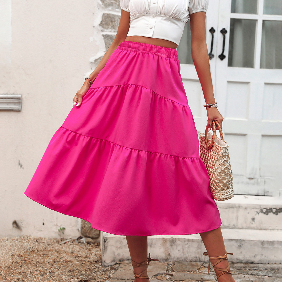 High Waisted Solid Color Midi Skirt Elastic Waist Fashionable Design Versatile for Casual or Formal Wear Wholesale
