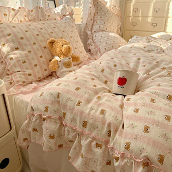 New Princess Style Lace Style Small Fresh Pure Cotton Washed Cotton Bed Four-Piece Bed Skirt Three-Piece Bed Bed Sheets Quilt Cover