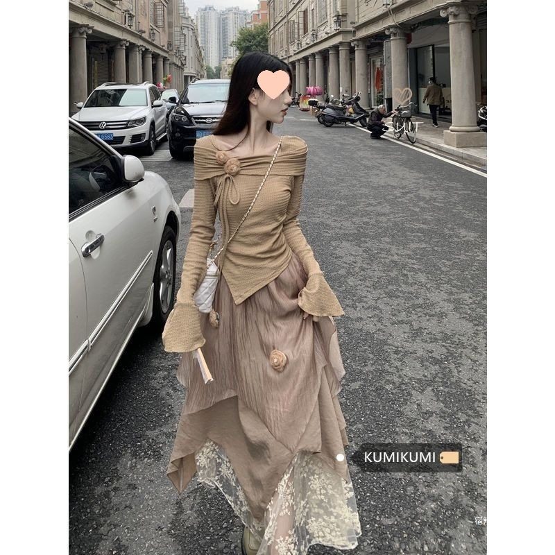 Trendy Two-Piece Set for Women: Autumn Design with a Slim-Fit Off-Shoulder Top and Irregular Skirt with an Atmospheric Feel