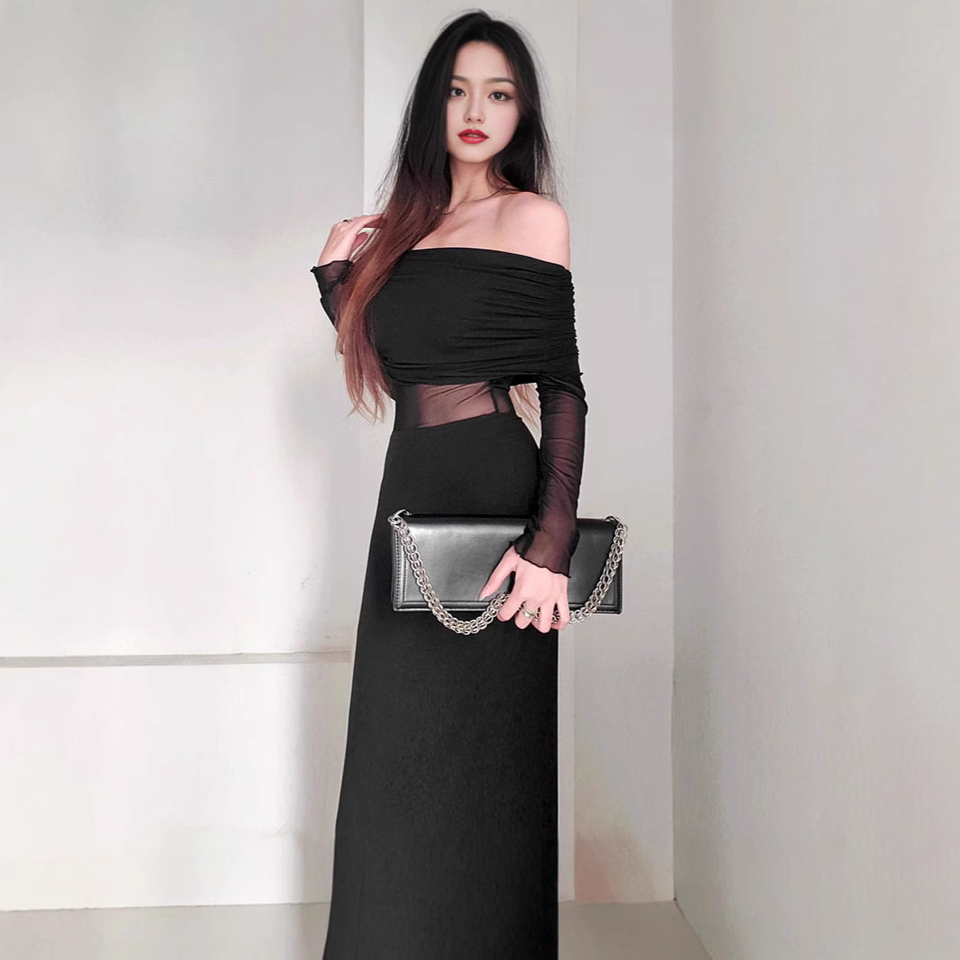 Off Shoulder Ruched Long Sleeve Dress Elegant French Style Autumn Fashion Sexy Silhouette Wholesale Available