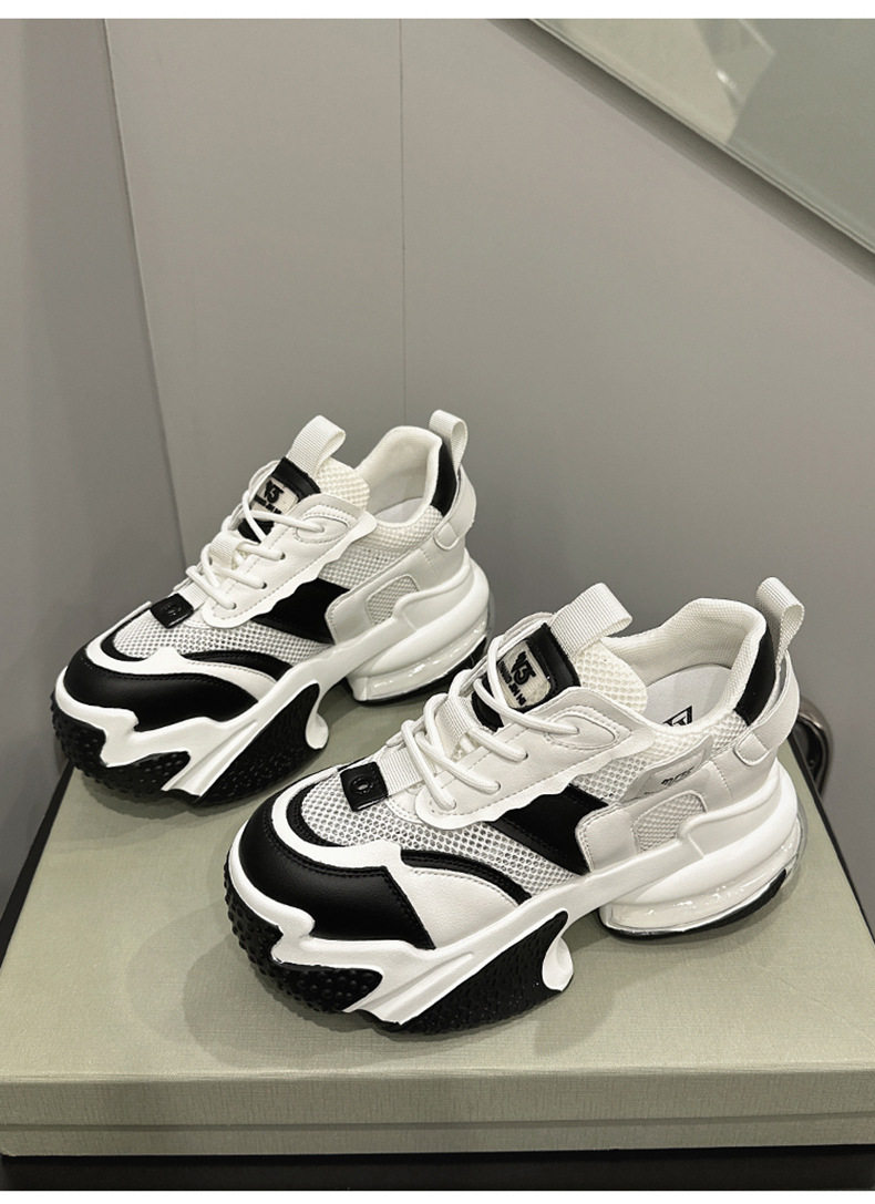 Giày sneaker nữ chunky đế dày da bò thật phối lưới thoáng khí, gót siêu cao 8 cm, tăng chiều cao — Trắng, đen, Xám, Hồng chi tiết 16