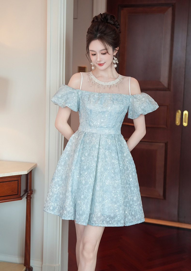 Đầm ren nữ tay bồng cổ tròn A chữ A dáng midi — [Xanh dương] chi tiết 1