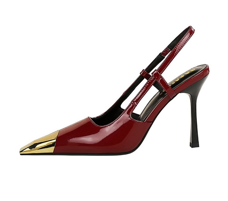Giày cao gót nữ mũi nhọn hở gót quai hậu da bóng phong cách Âu Mỹ dự tiệc — 2629-1 Đen 9.5cm, 2629-1 Họa tiết báo 9.5cm, 2629-1 màu nude 9.5cm, 2629-1 rượu vang đỏ 9.5cm