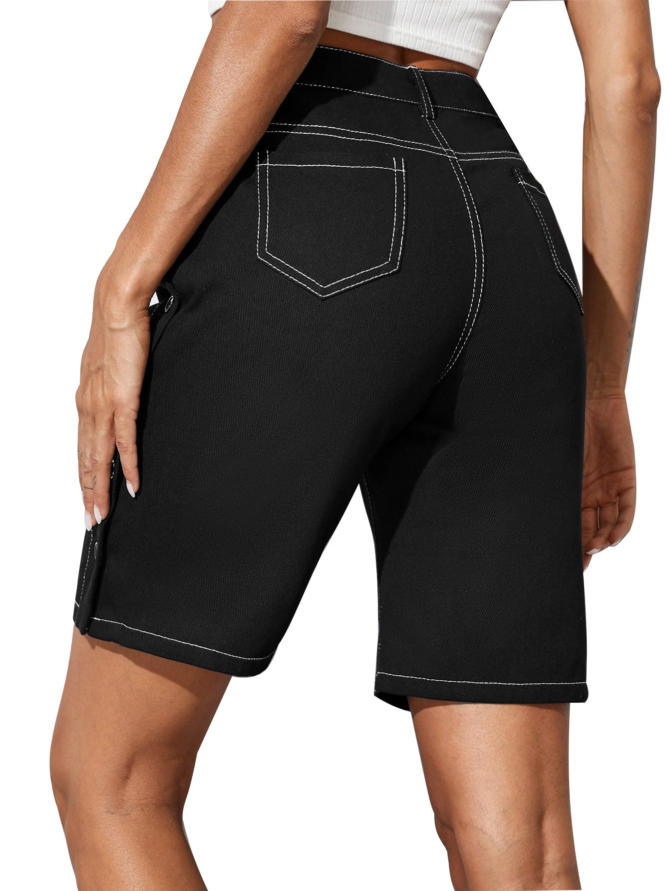 High Waisted Denim Shorts Button Detail Straight Cut Fashionable Spring Summer Casual Wear Wholesale Available