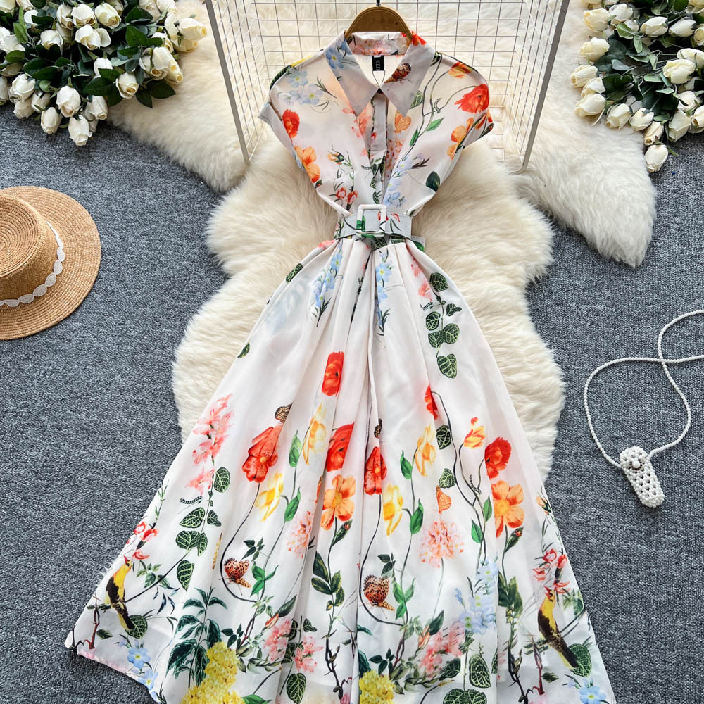 French Style Short Sleeve Polo Dress Waist Defining Flattering A Line Floral Print Summer Elegance for Casual
