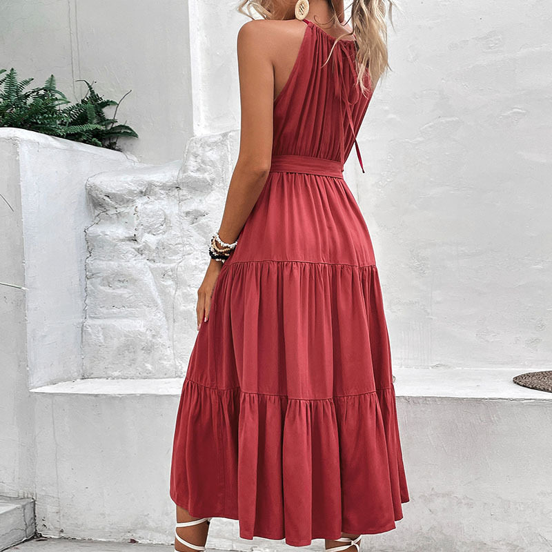 Elegant Solid Color Midi Dress Summer Style Halter Neck Comfortable Fabric Perfect for Casual Outings Wholesale
