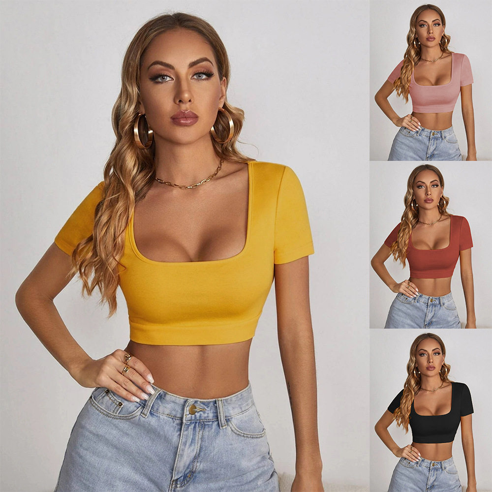 Summer Womens Crop Top Square Neck Slim Fit Short Sleeve Trendy Street Style Wholesale Available