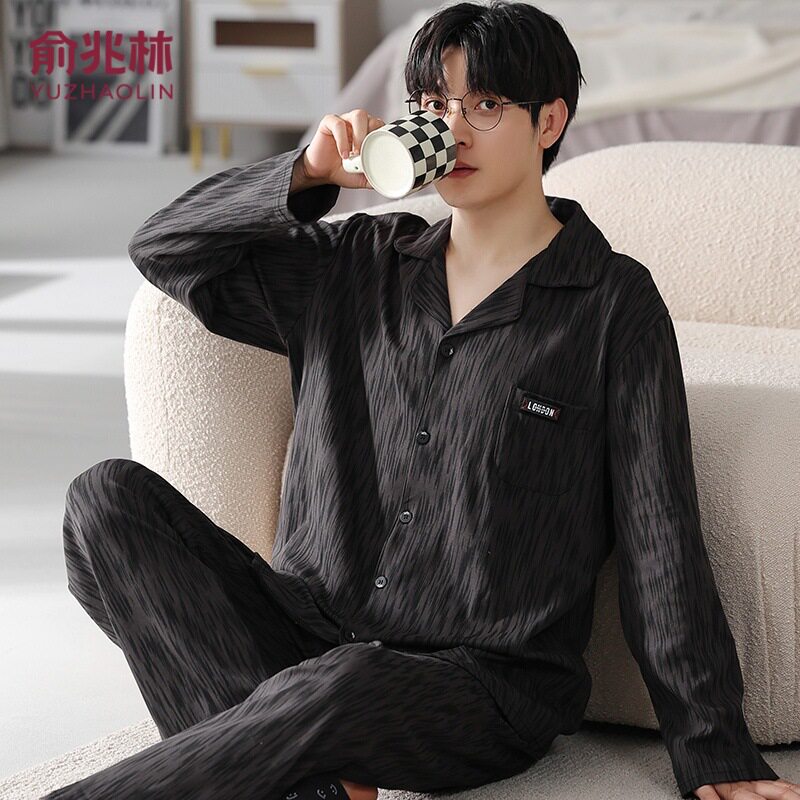 ยูจาวหลิน ชุดนอนผู้ชาย ผ้าฝ้าย เสื้อสูทมีปก ชุดอยู่บ้าน สไตล์ลำลอง ระบายอากาศได้ดี แขนยาว ใส่ออกนอกบ้านได้