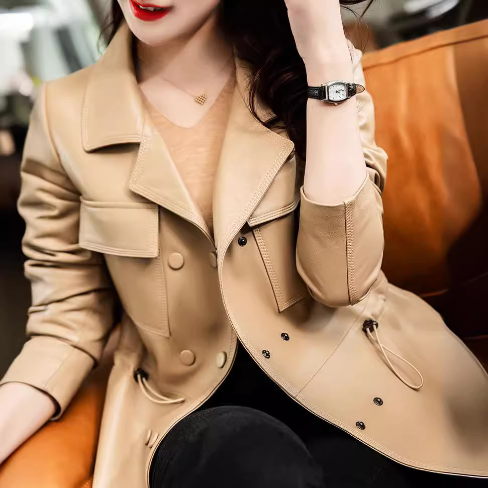 Áo khoác da nữ ngắn dáng bó eo cổ vest — Màu đen, Màu Kaki, Màu xanh lam sương mù