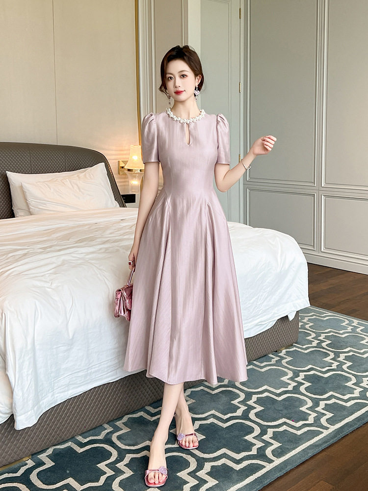 Đầm maxi nữ tay ngắn cổ tròn thắt eo dáng suông — [Đen], [Xanh bạc hà], [Tím]