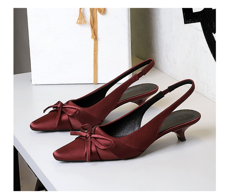 Giày cao gót mũi nhọn lụa satin thắt nơ quai hậu nữ tính — Màu đen, Màu đỏ rượu, Màu sâm panh