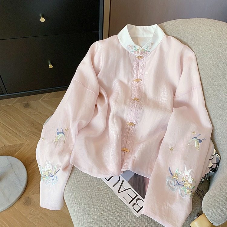 New Chinoiserie Pink Embroidered Stand-Up Collar Long-Sleeved Shirt for Women 2025 Spring & Fall National Style Gentle and Sweet Elegant Light Top
