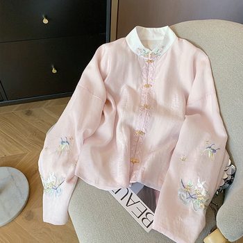 New Chinoiserie Pink Embroidered Stand-Up Collar Long-Sleeved Shirt for Women 2025 Spring & Fall National Style Gentle and Sweet Elegant Light Top