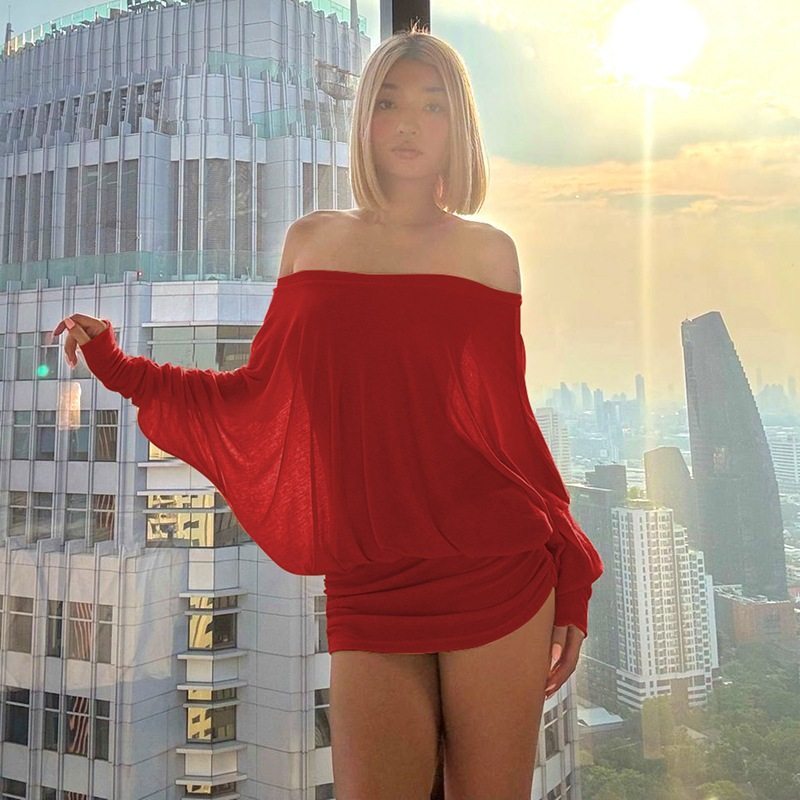 欧美风女装2025春季新品性感纯欲风一字领抽褶紧身包臀连衣裙