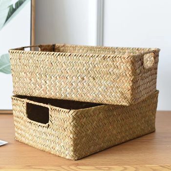 Factory wholesale seaweed woven rectangular open storage basket desktop organizing storage box food storage basket