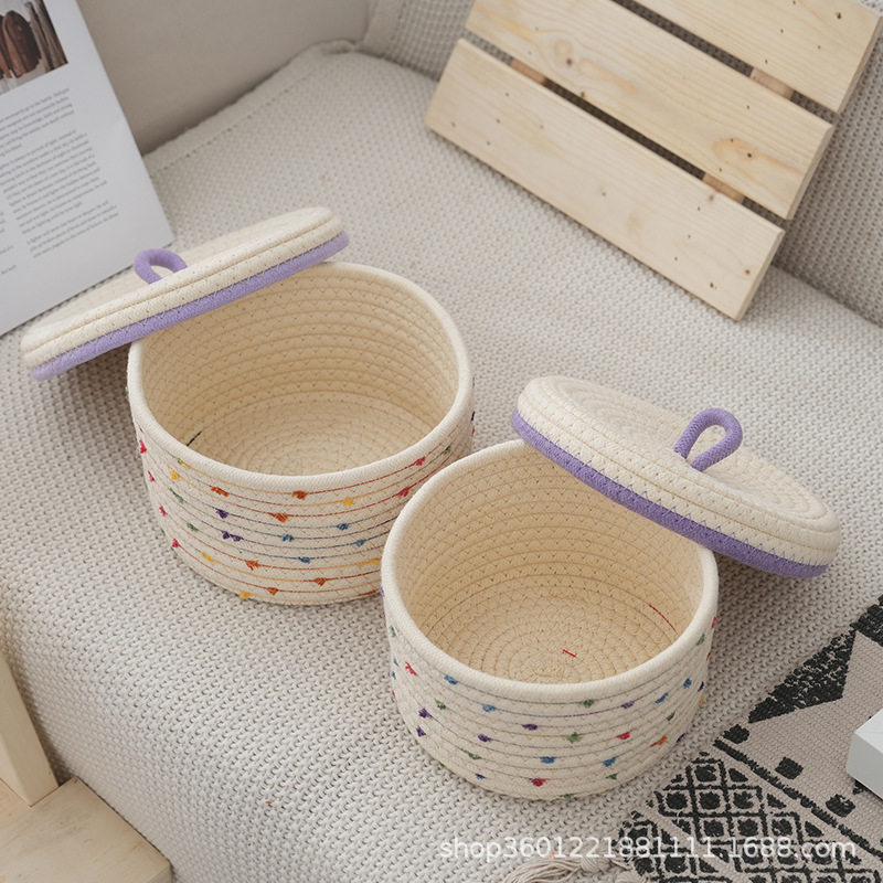 Small Basket with Lid for Snacks, Cosmetics, Remote Control, Desktop Storage, Woven Basket, Intimates, Cotton Rope, Sundries Storage Basket