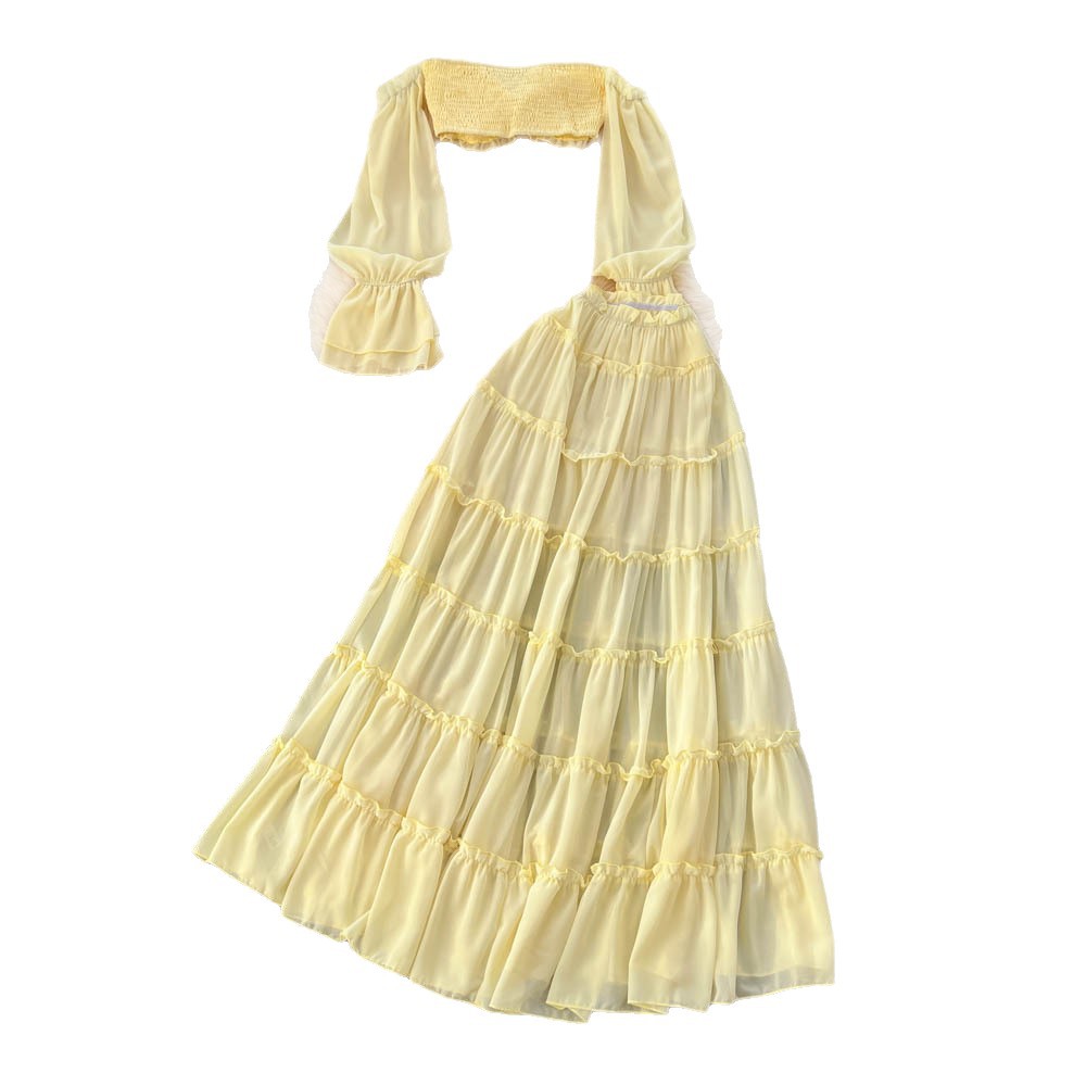 Off Shoulder Crop Top and High Waisted Ruffle Skirt Set Chiffon Fabric Vacation Style Trendy Look Wholesale Available