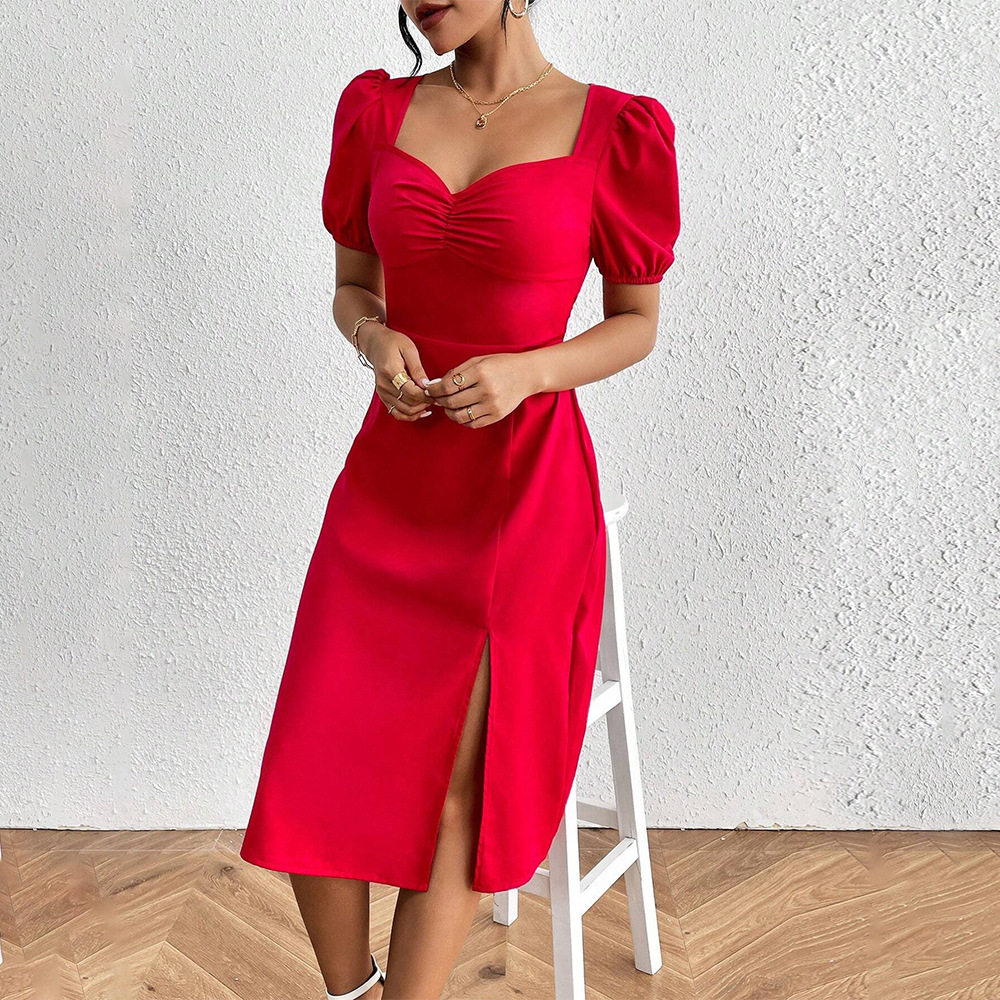 Red A Line Dress with Square Neck Ruffled Bust and Puff Sleeves Trendy for Parties and Events Wholesale Available