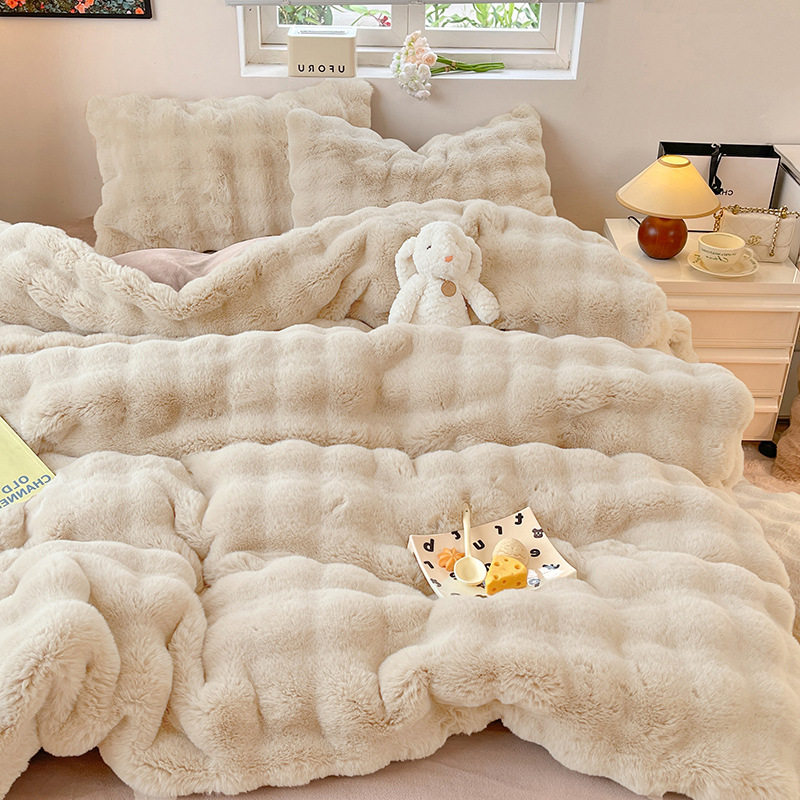 Class A High-weight Rabbit Fur Four-piece Set Winter Light Luxury Bubble Milk Velvet Dormitory Quilt Cover Three-piece Set 8 Jin Double-sided Velvet