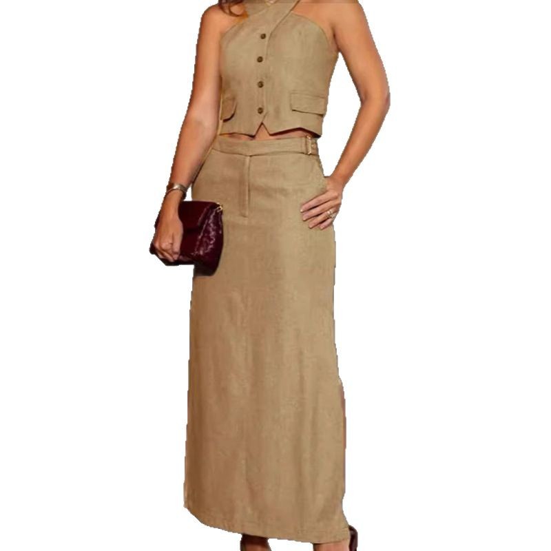 Fashion Two Piece Set Solid Color Halter Neck High Waist Stylish Design Casual Wear for Women Wholesale Available