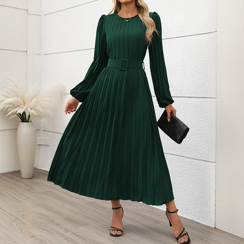 Elegant Vintage Long Sleeve Pleated Dress Solid Color Office Wear Autumn Style Wholesale Available