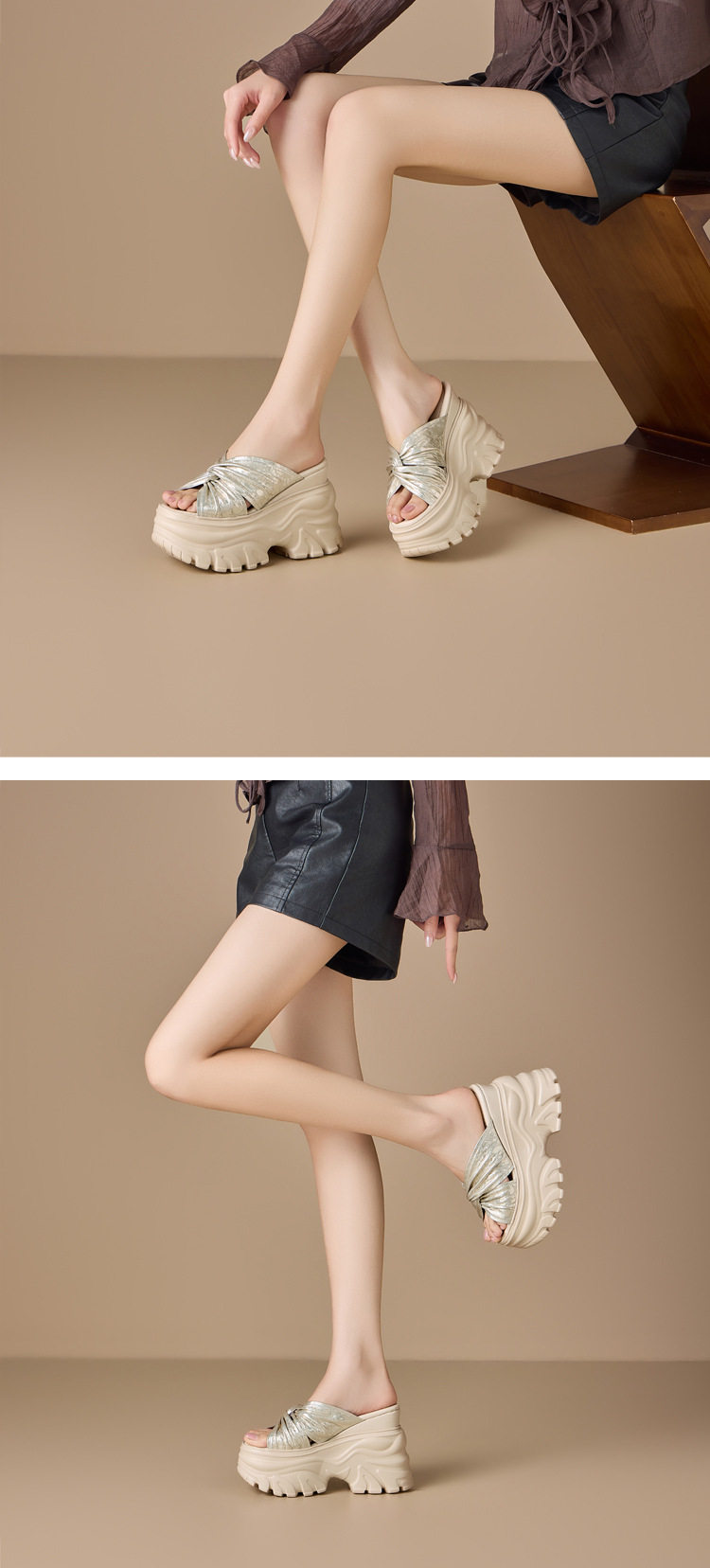 Dép sandal nữ quai chữ V đế xuồng cao gót mũi tròn — [Trắng kem], [Đen], [Vàng nhạt] chi tiết 3