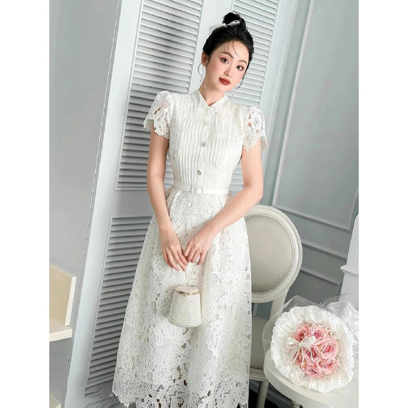 Đầm maxi nữ ren trắng thắt eo cổ polo tay ngắn — Trắng