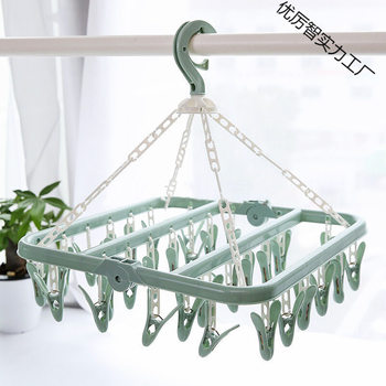 Plastic Adult Windproof Foldableable Clothes Hanger Kidsren's Baby Pantyhose Clothes Hanger Household Multi-Head Drying Clothes Hanger 32 Clips